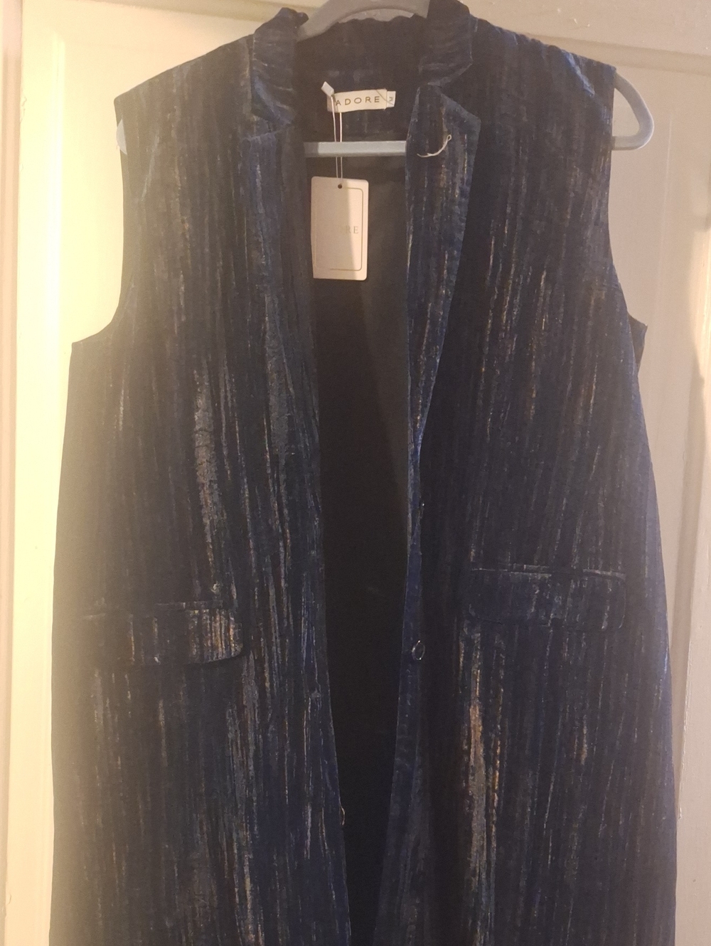 Adore Velvet Longline Sleeveless Vest in Navy with Metallic Threads